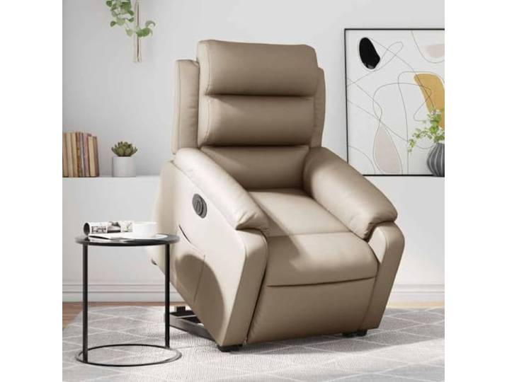 Relaxsessel mit Aufstehhilfe Elektrisch Cappuccino Kunstleder Seitentasche für wichtige Dinge, Rahmen aus Holz und Metall, maximale Neigung 135 Grad