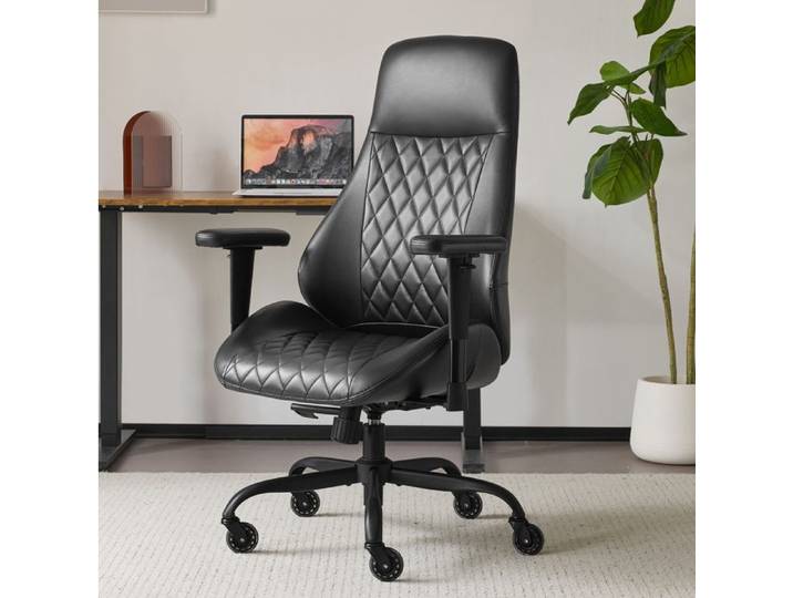 ROVRYN Chaise de bureau ergonomique dossier haut hauteur réglable avec accoudoirs amovibles à roulettes cuir noir