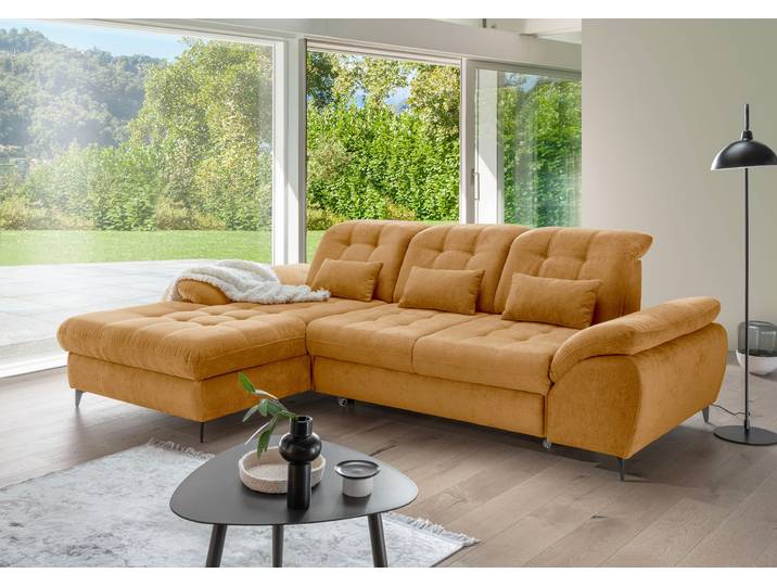 Wohnlandschaft OTTO HOME Delphino Multifunktionen, Bettfunktion, Breite 273cm, L-Form , braun (gold), Sofas, B/H/T: 273cm x 189cm, Microfaser, Armlehne rechts Recamiere links, gold, 100% Polyester, Wohnlandschaft, inkl. Bettkasten, Schlaffunktion, Kopfteil- und Sitztiefenverstellung, B:273cm T:189cm