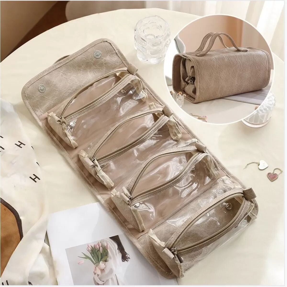 INF Abnehmbare 4-in-1 Kosmetiktasche mit großem Fassungsvermögen – Kosmetik-Organizer aus PU-Leder Kamel