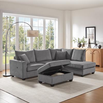 Direct Wicker "107"" Dark Gray Corduroy Fabric Sectional Sofa with Chaise, USB & USB-C Charging Port, Storage Ottoman and Pillows"