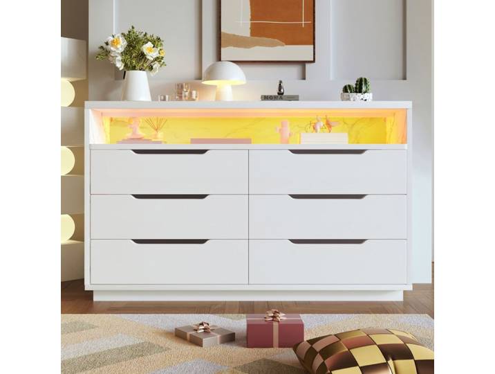 Buffet Bas Blanc 6 Tiroirs LED Bahut Moderne FloraGrace Pour Salon Chambre Ou Salle A Manger A Monter Soi-Meme 120x40x85cm