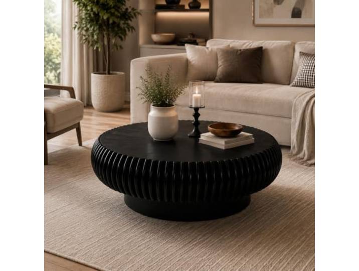 DAXUESEH Moderner Runder Couchtisch (80 cm) Couchtisch Mit Geriffelter Runder Couchtisch Mit Handgefertigter, Geriffelter Holzkante, Ideal Als Beistelltisch Oder Teetisch Für Kleine Wohnungen