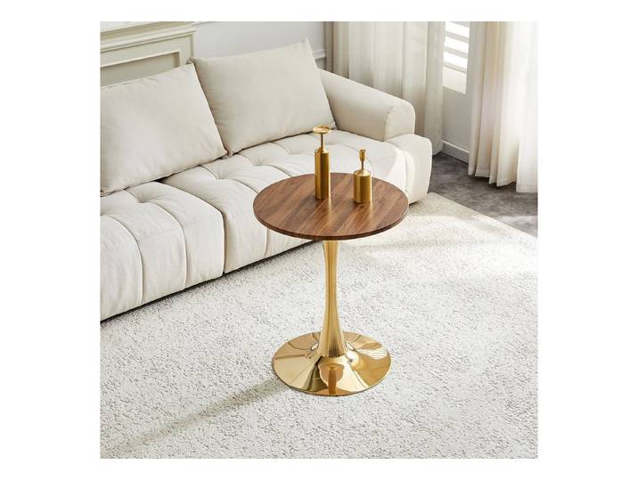 STILVORA Couchtisch Runder Sofatisch mit goldfarbenen Stützfuß in Walnussholzmaserung (Kaffeetisch, Verstärkte, weitläufige und ebene Tischplatte, Großzügiger Beinfreiraum, Einfache Montage), Holzmaserungs-Optik