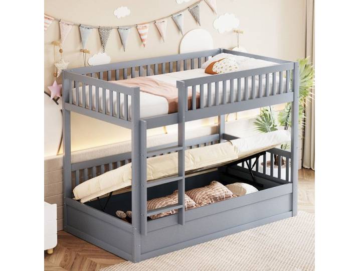 Bladez - Lit superposé 90x200cm - Lit étudiant avec échelle - Lit enfant avec barrières de sécurité - Lit coffre - Gris
