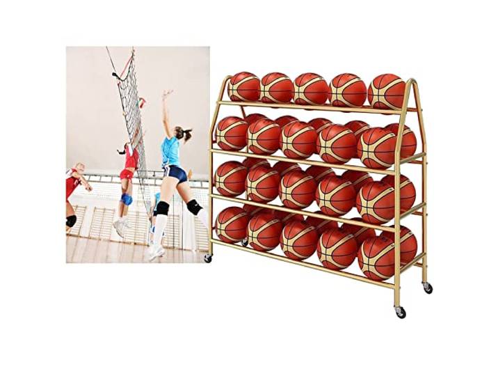 4-stöckiges Basketballball-Aufbewahrungsregal 97cm 123cm 140cm Metallregal Ball Aufbewahrungsregal Ballwagen Mit Rollen Platzsparend Fußball Basketball-Regal(Gold,97CM)