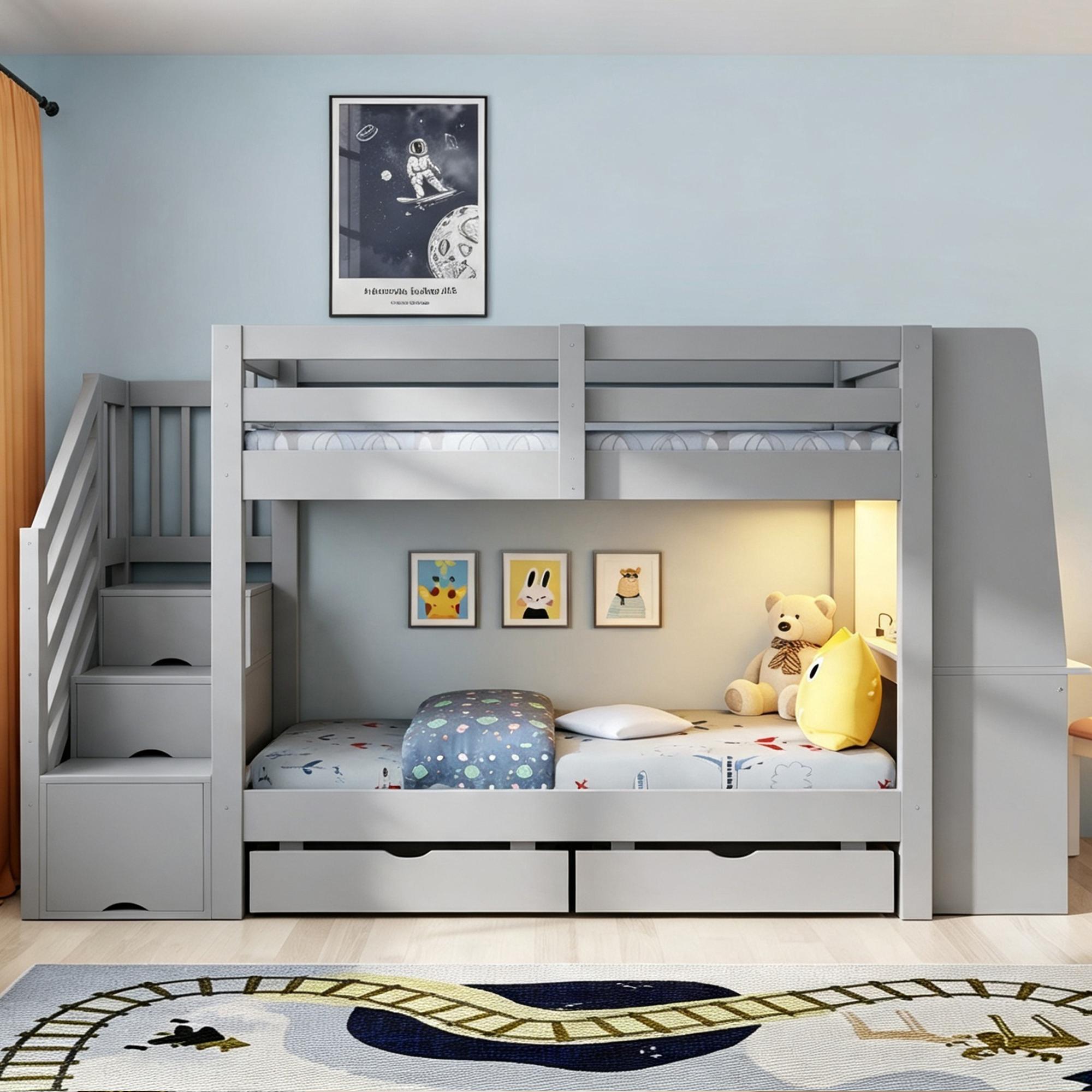 okwish Etagenbett 90×200 mit zwei Matratze,Leiter und Schreibtisch,Jugendbett mit LED, Steckdose und Steckdose,Holzbett Grau