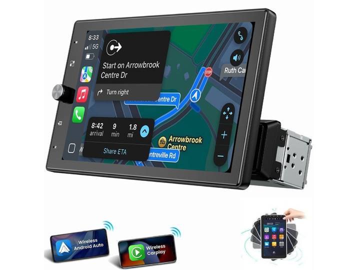 ESSGOO 10.4 1DIN Autoradio CarPlay Android Auto Drehbarer Bildschirm Autoradio (RDS, AUX, FM, Single DIN, Wireless Carplay Android Auto Navi Bluetooth EQ)
