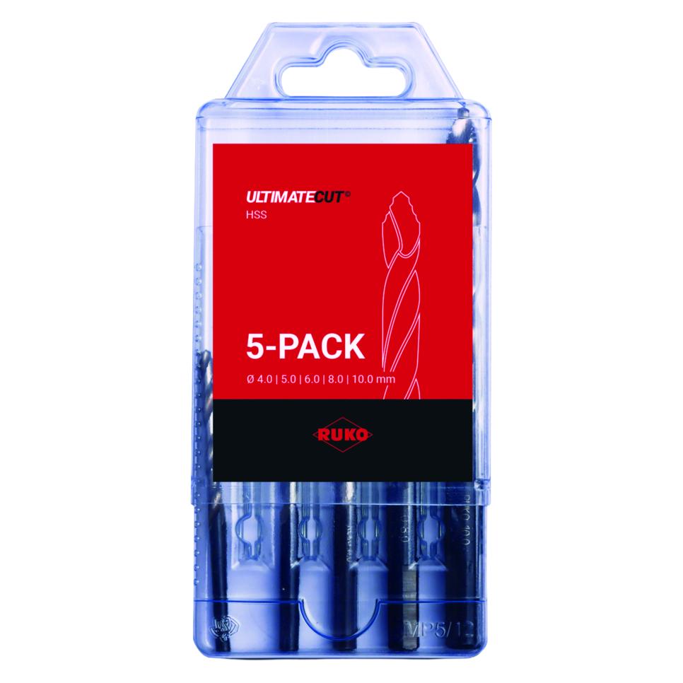 Ruko 5-Pack ULTIMATECUT Spiralbohrer-Satz DIN 338 Typ FLOWSTEP HSS - 5-tlg. (10.00 Millimeter, 4.0 Millimeter, 5.0 Millimeter, 6.0 Millimeter, 8.0 Millimeter) (259205RO)