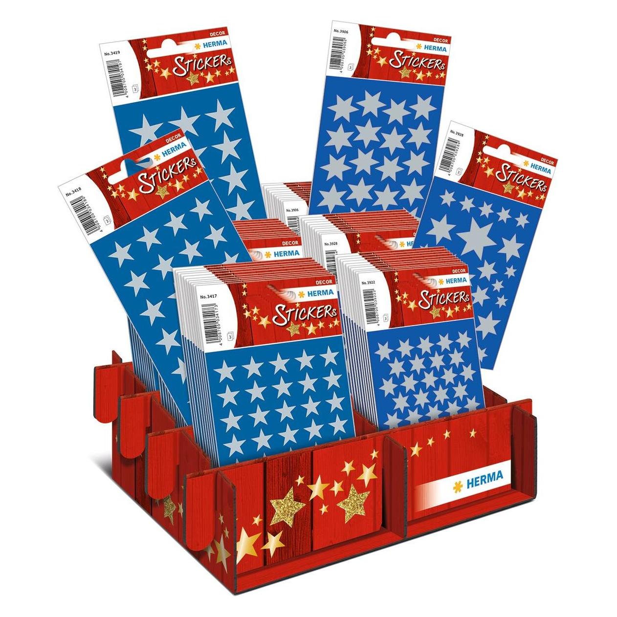 Herma Weihnachts-Sticker DECOR Sterne Silber, im Display Display mit weihnachtlichem Aufdruck, 6 Mo (6 Sticker) (15279)