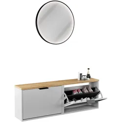 Planetmöbel STIVIO - Schuhschrank-Set 2 x 60 cm - Weiß Grau - Je 1 Klappe - Mit LED-Spiegel 80 cm