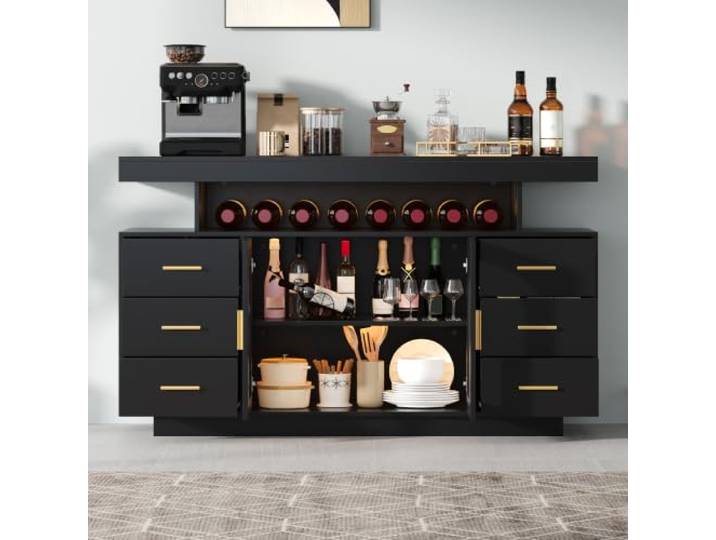 Merax Weinschrank mit LED-Beleuchtung & Bogenglastüren, Sideboard mit Schubladen & Offene Ablagefläche, Hausbar Schrank mit Goldfarbenen Griffen, Esszimmer & Wohnzimmer, 40x140x82cm, Schwarz