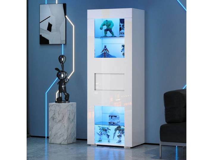 VUENOR Vitrine blanche LED 60x40x170 cm en MDF verre trempé et acrylique - 4 espaces de rangement