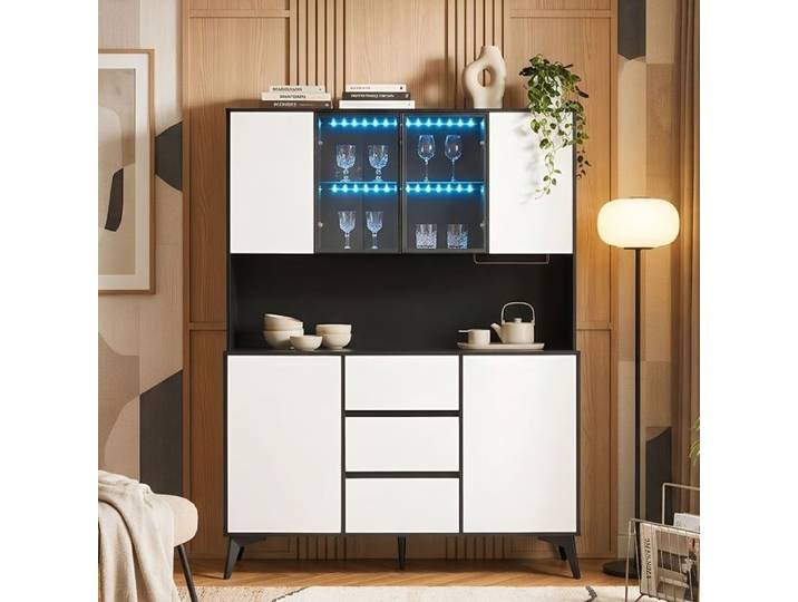 Buffet Haut 120x40x160cm - LED APP - Niche Micro-Onde avec Porte-Verre Doré - 3 Tiroirs 4 Portes - Meuble Cuisine MDF Noir Blanc