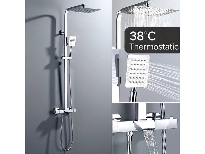 Colonne de douche avec robinet thermostatique, système de douche mural, pommeau de douche effet pluie 30 × 20 cm, compatible avec les baignoires