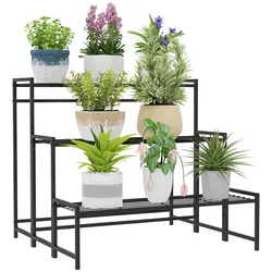 Outsunny 3-Etagen Pflanzenständer, Blumenständer für Innen Außen, Pflanzenregal Schwarz