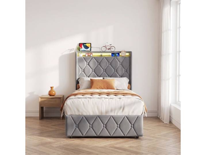 Lit Coffre 90x200 - Lit Simple avec LED - Tête de lit avec rangement USB - Lit Coffre Capitonnée 90x200-Lit 90x200 avec sommier-Gris
