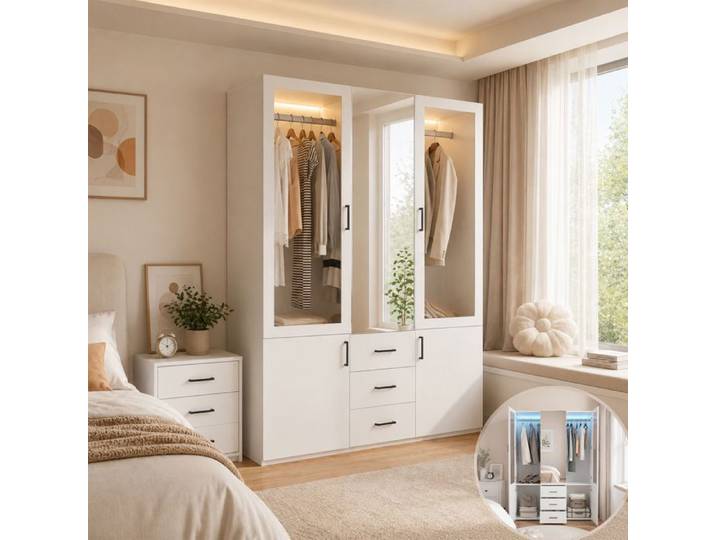 Armoire de Rangement avec LED Armoire Chambre avec miroir 2 portes en verre 2 portes 3 tiroirs tringle à vêtements