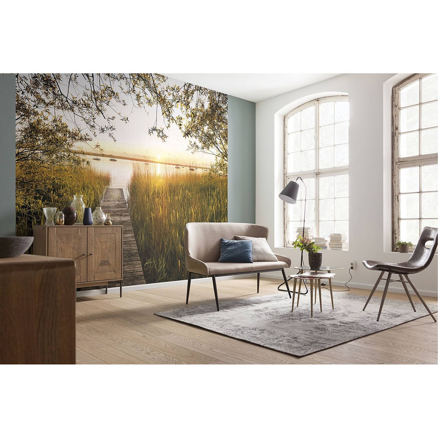 home24 Fotobehang Lakeside Mural, Multicolour en Blau, B: 300 cm, H: 250 cm