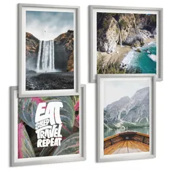 BILDER SET 4er Set - 50x50 cm & 40x60 cm Silberner Rahmen - Wasserfall Bergreise Natur