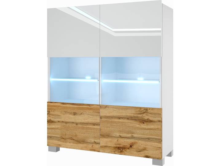 BELINI Commode Sideboard Salon Chambre à coucher Armoire haute avec lampes LED (Blanc / Chêne Wotan)
