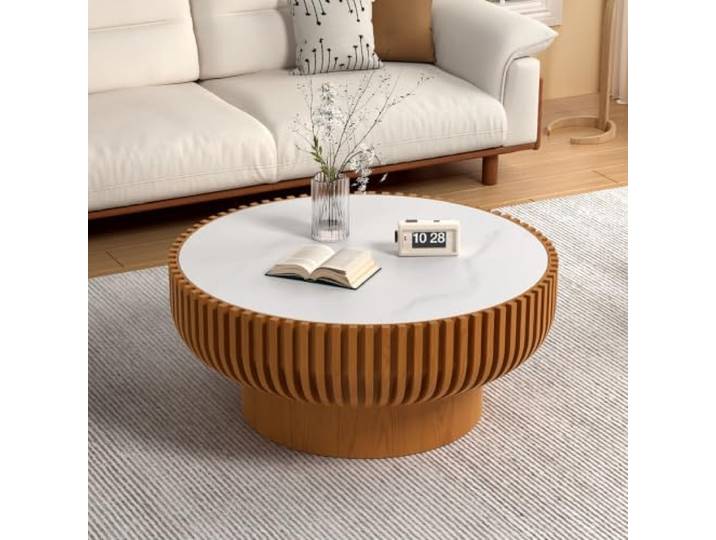 JHKZUDG Trommelförmiger Couchtisch 80Cm Mit Tischplatte Aus Sinterstein Moderner, Runder Couchtisch Aus Holz Mit Geriffelter Optik – Ideal Für Wohnzimmer, Apartments; Einfache Montage