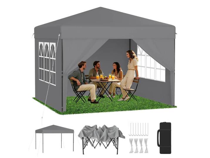 Faltpavillon 2,5x2,5 m Silbergrau mit Seitenwänden, 1-Klick-Aufstellung, höhenverstellbar