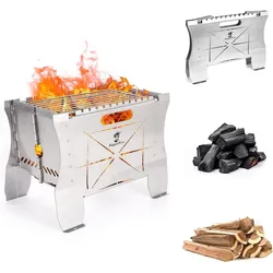BiggerFire Edelstahl Klapp Holzkohlegrill mit Grillrost Camping Barbecue für Außen