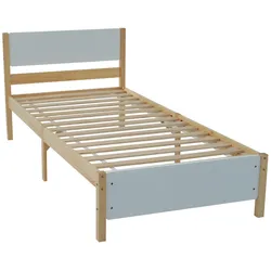 MODFU Einzelbett 90x200 Kiefer Holzbett MDF Kopf- und Fußteil Lattenrost Mittelfuß Schlafzimmer Weiß Natur robust komfortabel