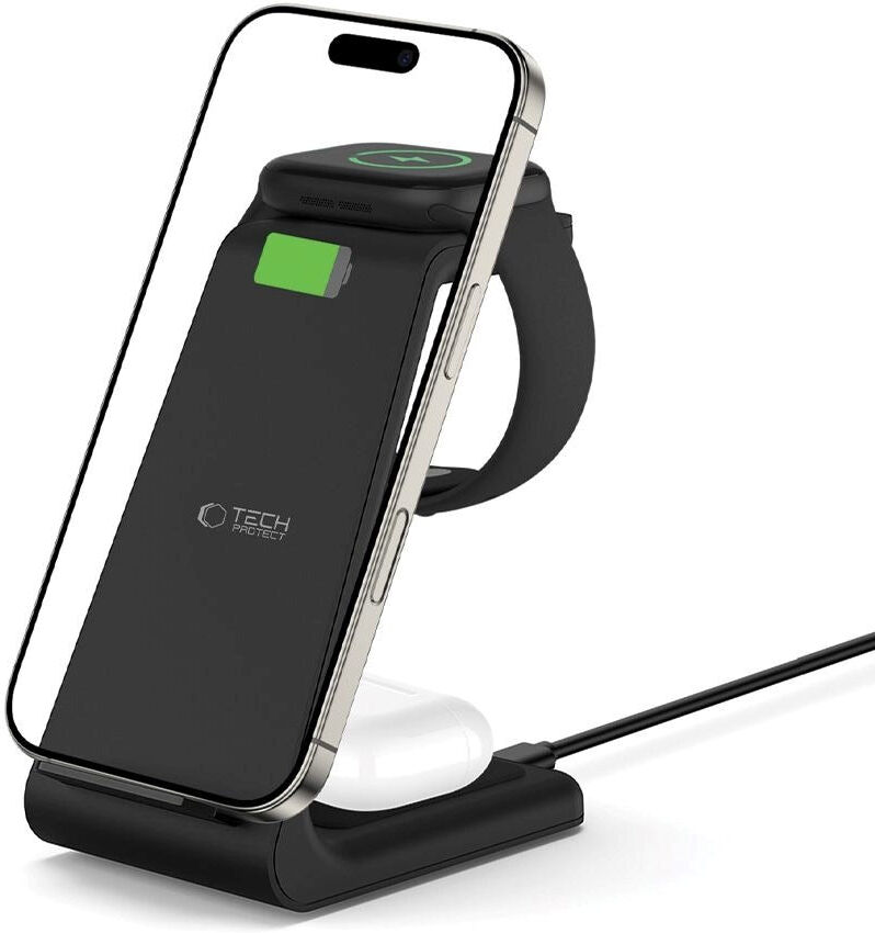 Tech-Protect A36 3-i-1 Trådløs Oplader m. USB-C 15W - Sort