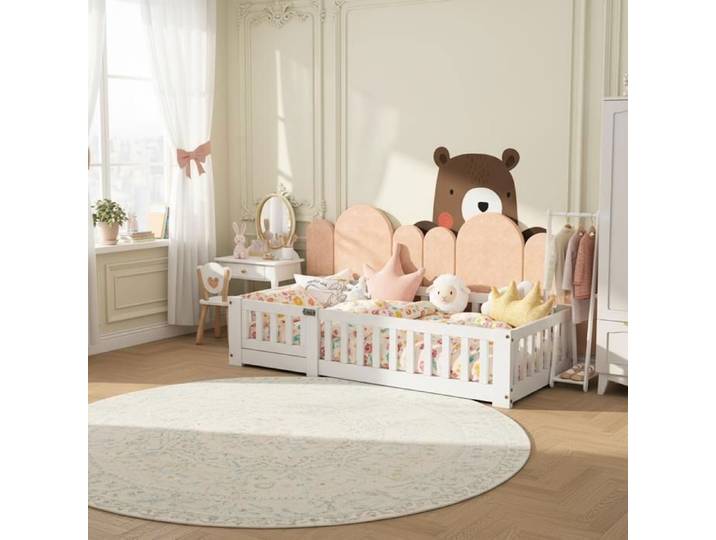 DADEA-Lit inspiration Montessori enfant 120x200 cm Lit au sol enfant avec Barriere Lit bébé clôturé Lit Junior Pin massif Blanc