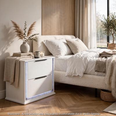 Benjara Nightstand w LED, 2 Drawers, Metallic Silver-Gray Trim, White Wood