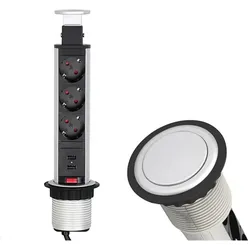 TecLines, Steckdosenleiste, TVS009S versenkbare 3-fach Steckdosenleiste mit 2x USB, silber