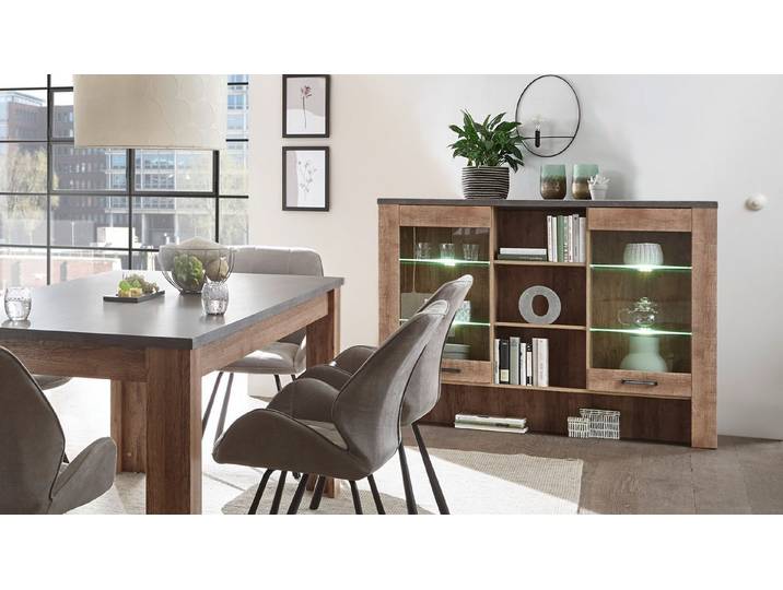 Bega Consult Highboard Highboard Vitrine Edmonton Samdal Eiche 2 Glastüren mit LED