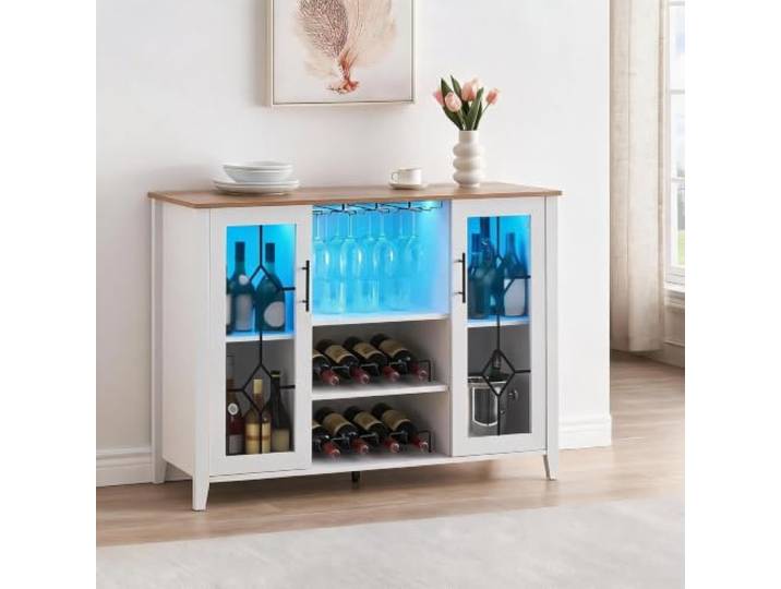 Garvee Barschrank Mit LED-Beleuchtung, Wein- & Spirituosenkeller Weinkühlschrank mit Gläserhalter Verstellbaren Regalen, Bartisch mit Stauraum, Feuerfarbe, 120x88x40 cm