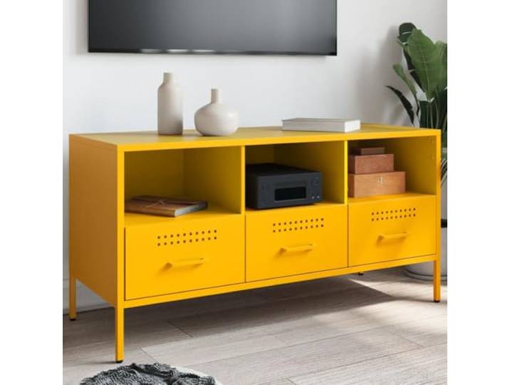 HEFZGDB Industrie-Stil TV-Schrank Senfgelb 100,5x39x50,5 cm Stahl Metall Möbel mit verstellbaren Stellfüßen und reichlich Stauraum für Wohnzimmer
