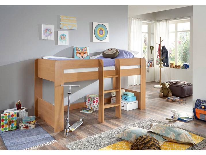 Hochbett RELITA Andi , braun (buche nachbildung melamin), Mit Lattenrost, Liegefläche B/L: 90cm x 200cm, kein Härtegrad, ohne Matratze, Hochbetten, Hochbett, wahlweise mit Rolllattenrost, inkl. Leiter, pflegel. Dekor Oberfläche