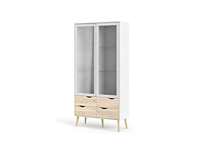 Dmora Vitrine mit zwei aufklappbaren Glastüren und vier Schubladen, Weiß und Eiche, Maße 98 x 200 x 39 cm
