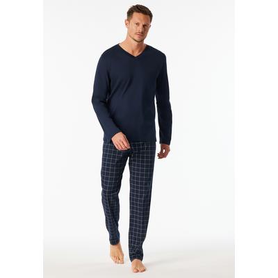Pyjama SCHIESSER "Fine Interlock", Herren, Gr. 58, blau (804, blau), Interlock, Obermaterial: 100% Baumwolle, bequem lang, V-Ausschnitt, Homewear-Sets Pyjama, Oberteil in Uni, karierte Hose, V-Neck, Langarm, Baumwolle