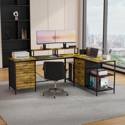 Telepassa "113.8"" L-Shaped Desk with Power Outlets & USB-C & 6 Fabric Drawers"