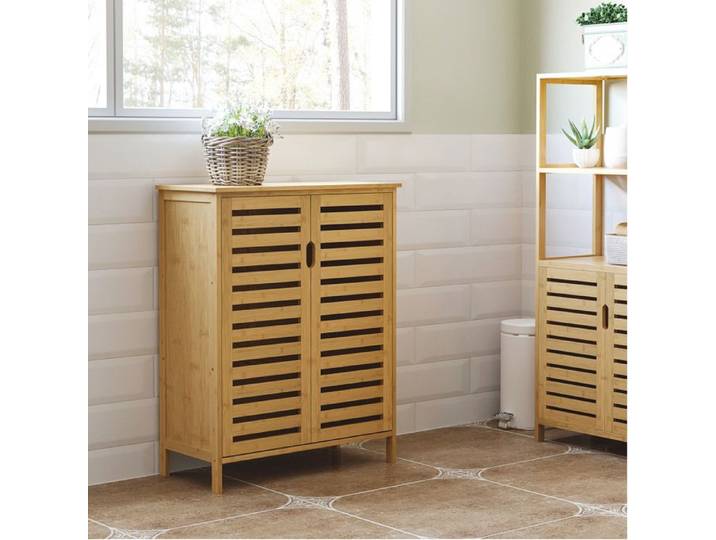 Meuble de salle de bain en bambou avec 2 portes persiennées et 2 étagères naturel