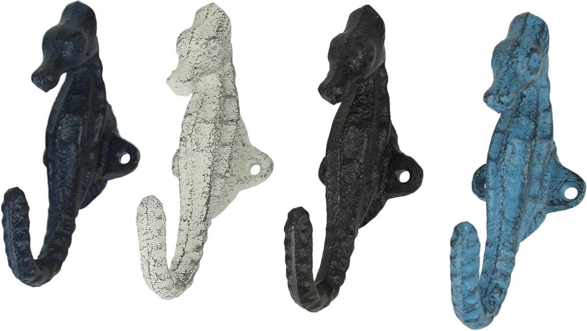 Set van 4 meerkleurige decoratieve zeepaardjes wandhaken van gietijzer voor kustdecoratie