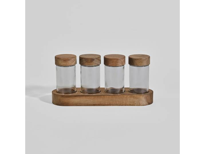 Vier-Gewürze-Bar aus Glas und Akazienholz