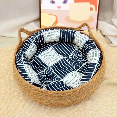 Inspired Living Cozy Rattan Cat Basket Bed With Plush Cushion blue Cushion 40cm