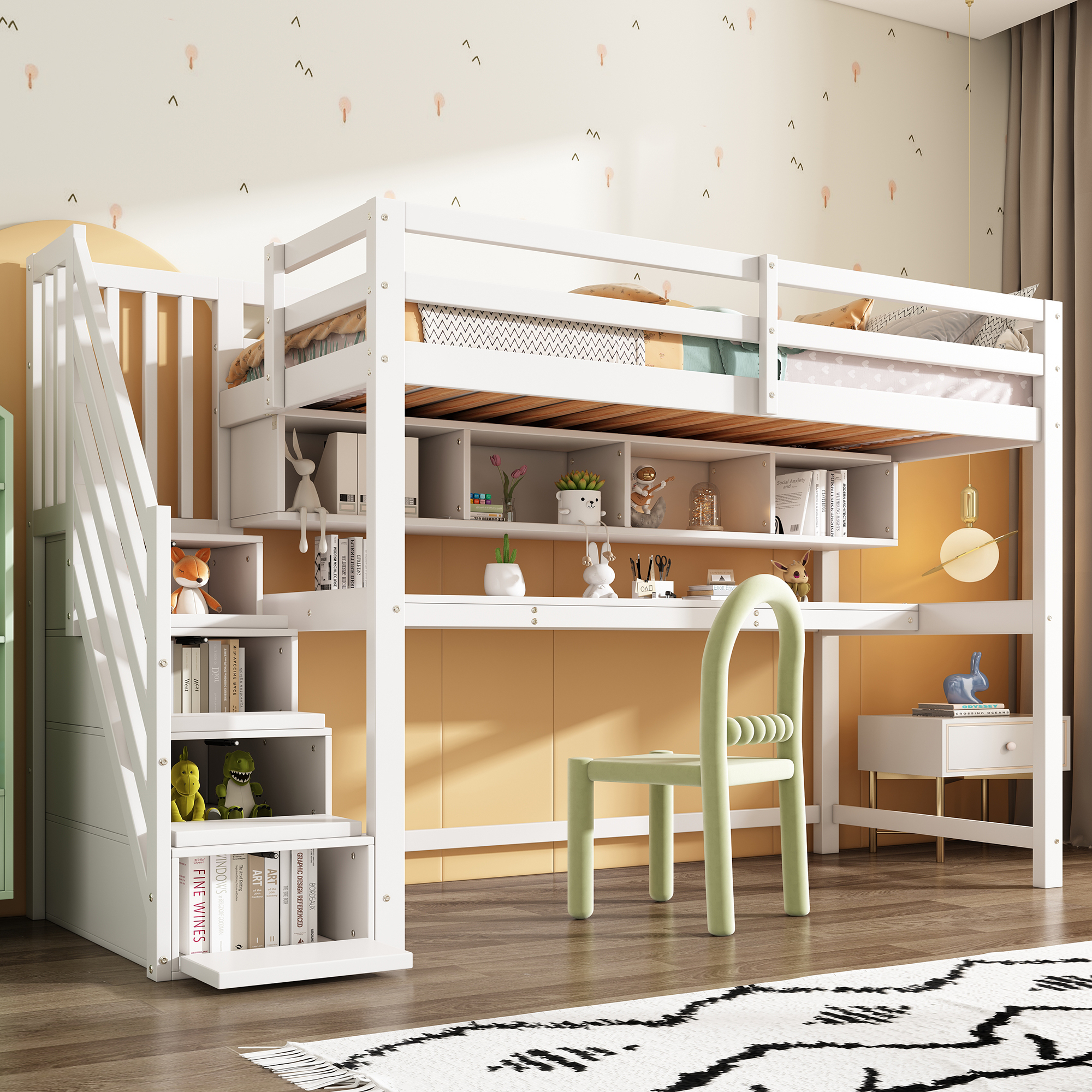 Merax Etagenbett 90x200cm mit Schreibtisch und Treppe, Kieferholz Kinderbett Hochbett, natürlich und weiß