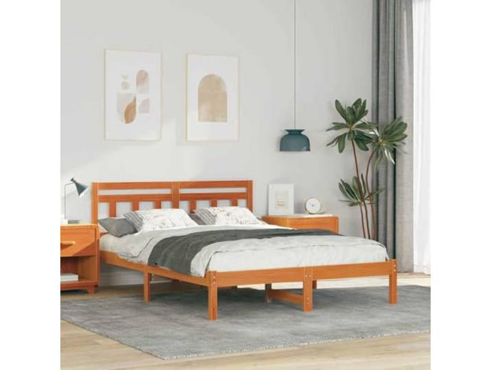 YUTAASU Bettrahmen Braun 120 x 200 cm Massives Kiefernholz Mit Kopfteil, Plattform-Lattenrost, Quadratische Beine, Einfacher Aufbau, Pflegeleicht