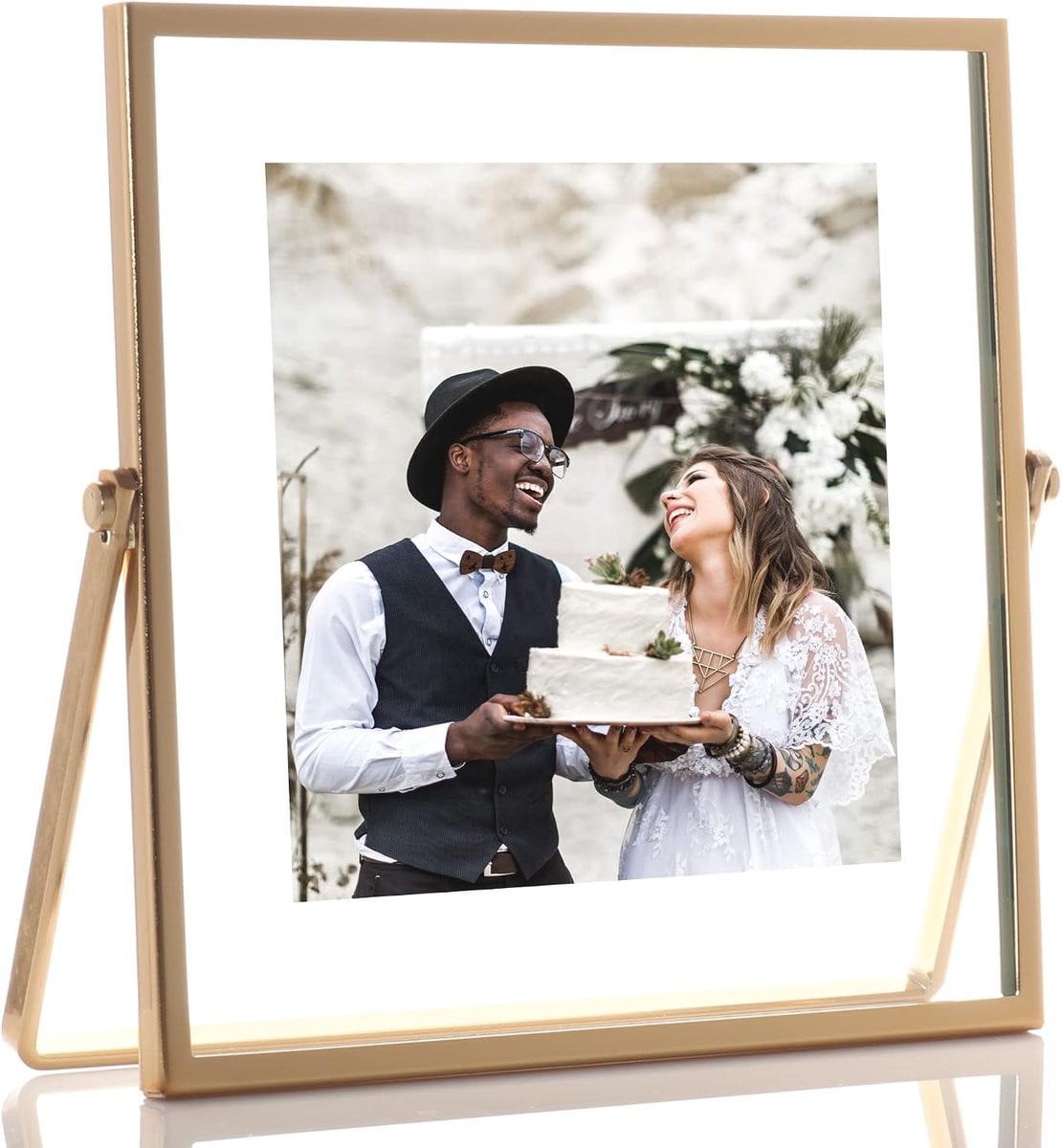 Metalen Ezel Fotolijst 4x4 met Glas en Gouden Afwerking