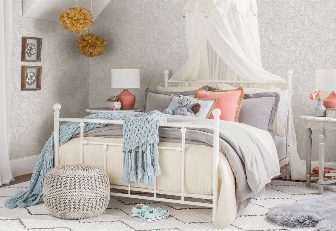 Three Posts Eastford Metal Bed Frame with Vintage Headboard White Double (4'6)