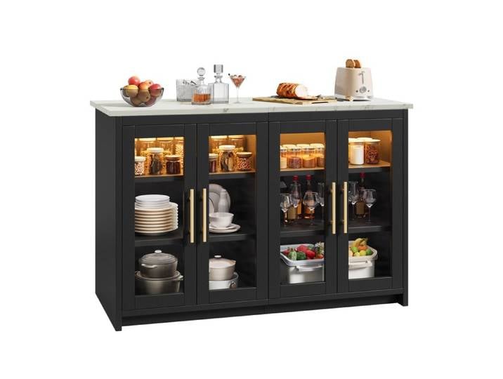 Îlot Cuisine YITAHOME avec Prise LED Effet Marbre Table Petit-Déjeuner Double Placard Façades Acrylique Réglable