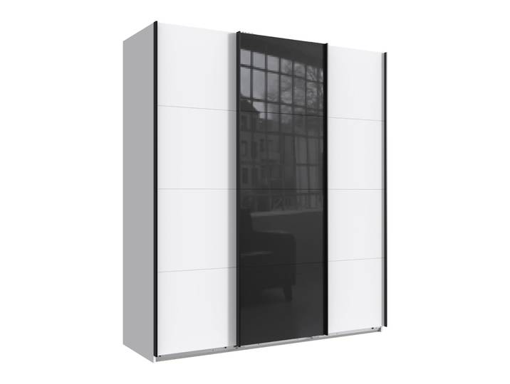 Schwebetürenschrank Kleiderschrank B180 cm H208 cm 3-türig Weiß, 1x Tür Glas Schwarz / 22515